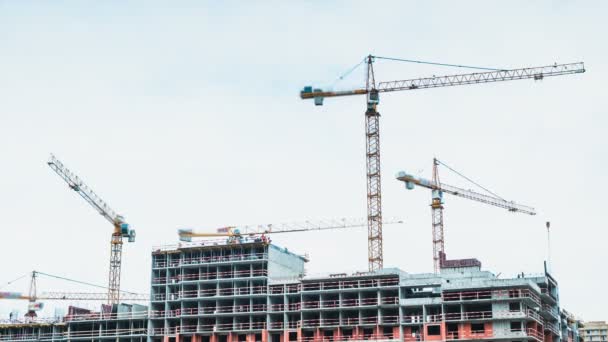 Zeitraffer-Kräne und Bauarbeiter arbeiten auf der Baustelle — Stockvideo