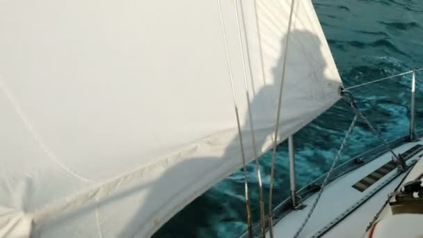 Shadow Sail Yacht Close Swinging Waves Open Sea — Stock Video