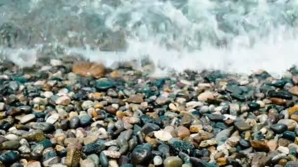 在鹅卵石海滩上清澈的海水, 在石岸的纯净水 — 图库视频影像