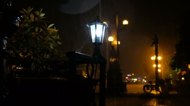 Regendruppels raken de straat lamp, het licht brandt het water op de achtergrond van het rijden auto's en mensen lopen — Stockvideo