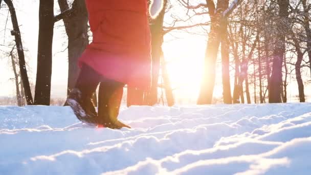 Meisje in een rode jas en zwarte vilt laarzen wandelingen door de sneeuw bij zonsondergang in het park, langzame motie — Stockvideo