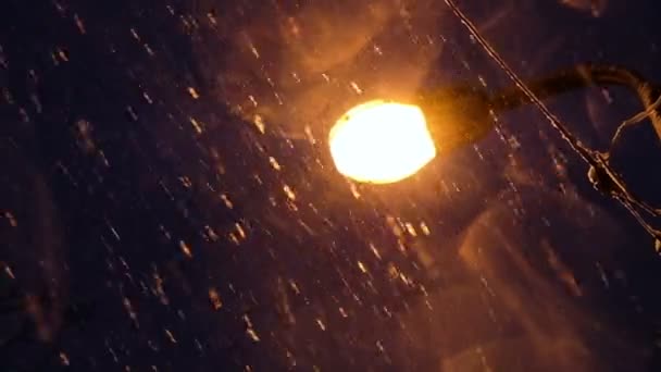 Ліхтар освітлює падаючі сніжинки, повільний рух — стокове відео