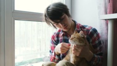 Bir adam bir kırmızı kedi tarak ve onu yüzüne kisses