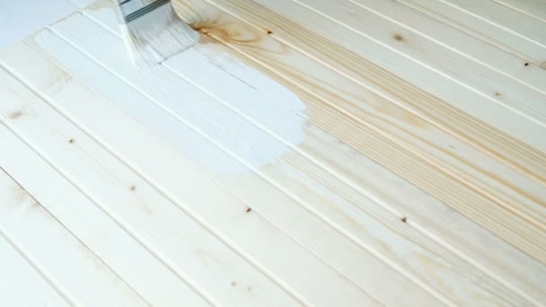 Meisje schildert een houten bord met witte verf — Stockvideo