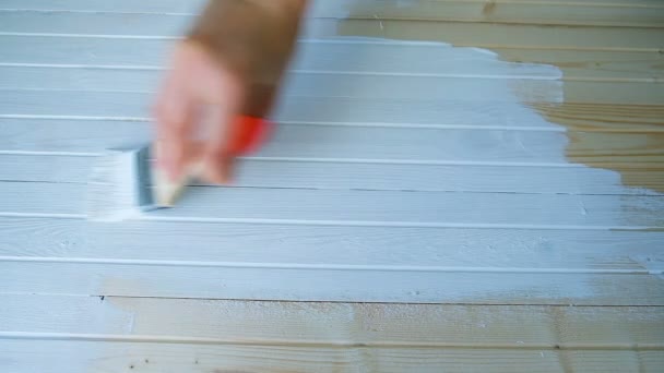 Chica pinta un tablero de madera con pintura blanca en cámara lenta, vista superior — Vídeo de stock