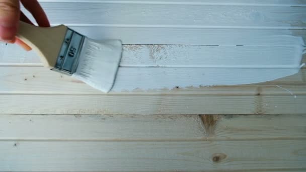 Художник ведет свою кисть вдоль деревянной доски с белой краской в замедленной съемке, вид сверху — стоковое видео