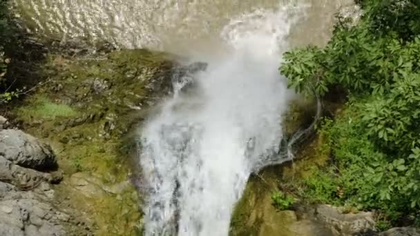 Wasserfall und großer Bach fließen hinunter in den Wald, Drone Draufsicht — Stockvideo