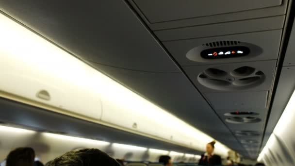 Uçuş görevlisi satırlar arasında emniyet kemeri tutturmak için çetele ışımalar geçer — Stok video