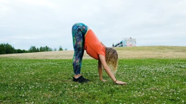 Mujer Atlética Haciendo Conjunto Ejercicios Yoga Estira Espalda Hace Flacidez — Vídeo de stock