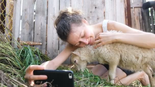 Κορίτσι παίρνει μια selfie με ένα πρόβατο σε αγρόκτημα στυλό το καλοκαίρι, το αρνί μασά χόρτο — Αρχείο Βίντεο