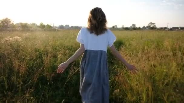 Mujer en un vestido ligero corre a través del campo con hierba alta al atardecer, cámara lenta y movimiento de la cámara — Vídeos de Stock