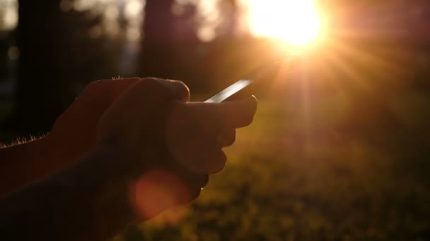 L'homme utilise un smartphone et imprime un message en gros plan dans le parc au coucher du soleil, mouvement de la caméra — Video