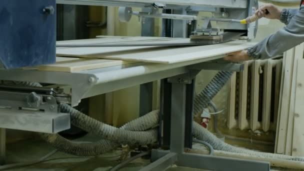 Рабочий полирует лист фанеры на ленточном шлифовальном станке — стоковое видео
