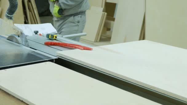 Worker corta una hoja de madera contrachapada en una sierra circular. Fabricación de muebles de madera — Vídeo de stock