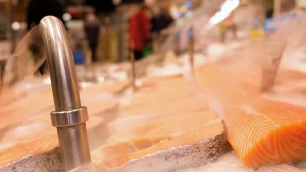 Filetes de pescado rojo fresco se encuentran en el hielo en una vitrina de supermercado, enfriado con vapor frío — Vídeo de stock