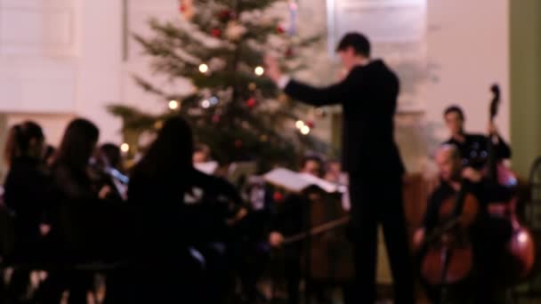 Filmagem turva - o maestro da orquestra de câmara controla os músicos durante um concerto — Vídeo de Stock