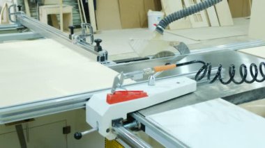 Eylem, marangoz kontrplak levhalar kesim daire testere. Ahşap mobilya imalatı