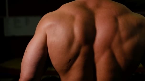 Parte posterior de un fuerte culturista primer plano. Atleta entrena bíceps con pesas — Vídeos de Stock