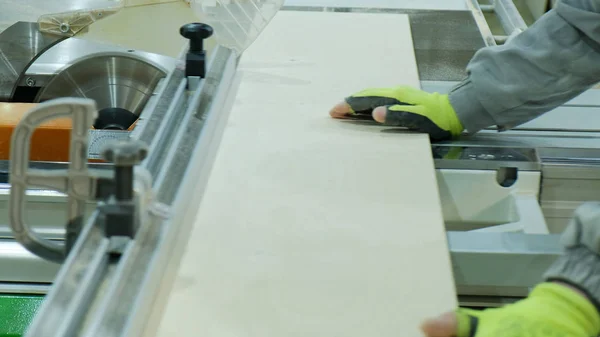 Circular saw in action, carpenter cutting out sheets of plywood. Manufacture of wooden furniture — Stock Photo, Image