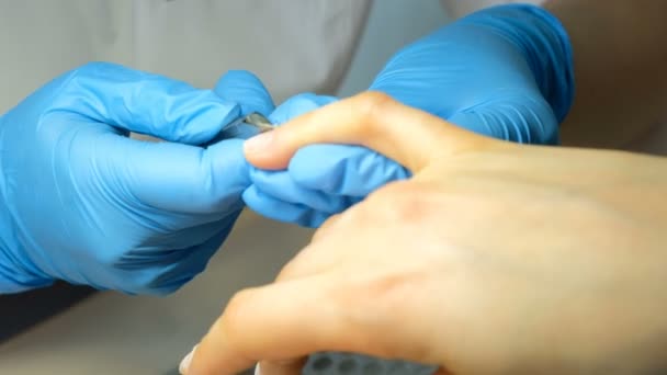 Manicurista trabajando con pinza cutánea. Cuidado de uñas y eliminación de cutículas en un salón de belleza . — Vídeos de Stock