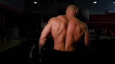 Powerlifter dumbbells ile bikeps sallar, arka görünüm yakın çekim