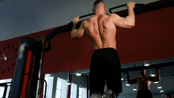 Kraftvoller Bodybuilder wird in der Turnhalle vor dem Spiegel an der Stange gezogen und schießt von hinten — Stockvideo