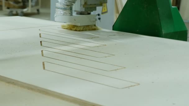 Modern träbearbetning maskin i aktion. Skär lockigt bitar från plywoodskiva. Tillverkning av trämöbler — Stockvideo