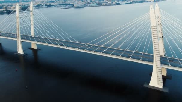 Bewegung entlang moderner Schrägseilbrücke gegen Stadtbild — Stockvideo