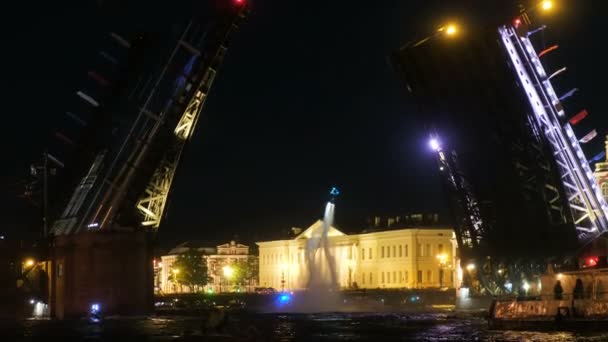 ST. PETERSBURG, RUSIA - 26 de mayo de 2019: el hombre en flyboard realiza espectáculo en el agua bajo puente levadizo — Vídeos de Stock