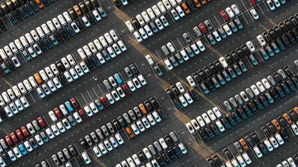 Otomotiv fabrikasındaki park halindeki yeni arabaların hava görüntüsü.