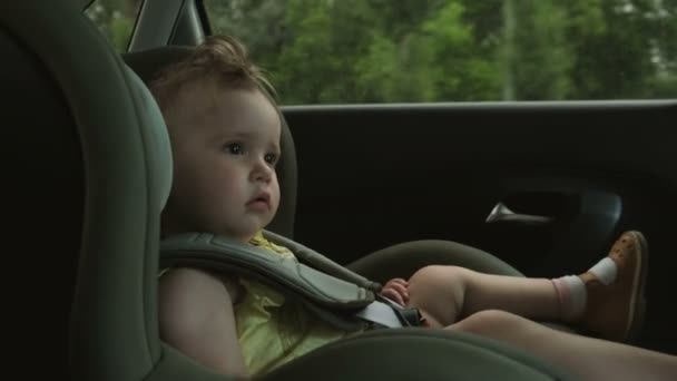 Χαριτωμένο μικρό κορίτσι οδηγεί με την οικογένεια στο αυτοκίνητο παιδικό κάθισμα ασφαλείας — Αρχείο Βίντεο