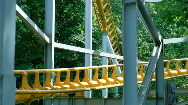 Eğlenceli insanlar parkta modern renkli roller coaster binmek — Stok video