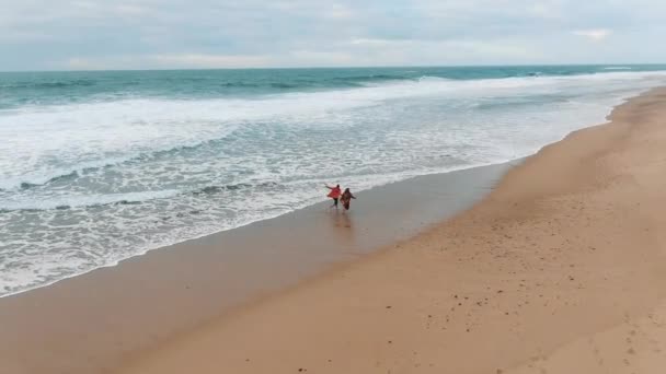 Feliz pareja disfruta de vacaciones corriendo a lo largo de playa de arena húmeda — Vídeos de Stock