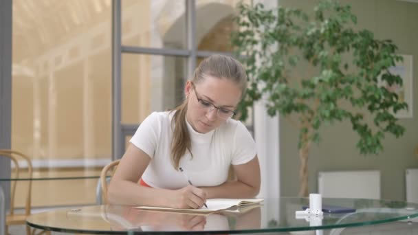 Femme d'affaires écrit dans un carnet de travail à table dans un café — Video