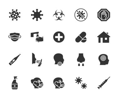 Virüsün düz simgelerinden oluşan bir vektör kümesi. İkona koronavirüsü, grip, öksürük, burun akışı, boğaz ağrısı, önleme, tedavi ve daha fazlasını içeriyor. Piksel mükemmel.