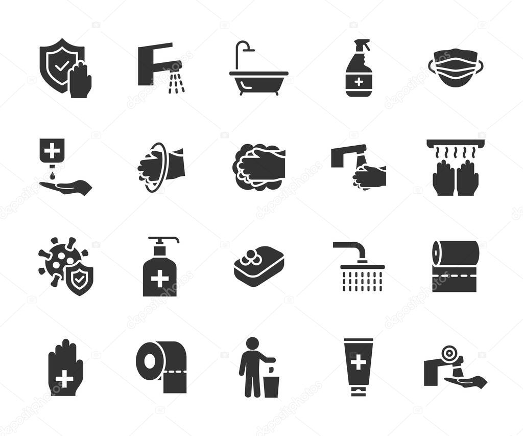 Vector set of hygiene flat icons. Contains icons washing hands, antiseptic, soap, virus protection, bathroom, toothpaste and more. Pixel perfect.