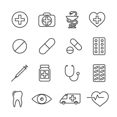 Tıbbi çizgi simgelerinin vektör resim kümesi.