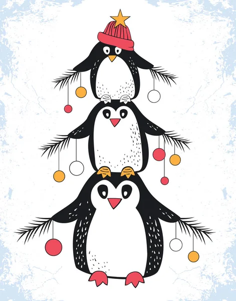 Tarjeta Felicitación Navidad Tres Divertidos Pingüinos Con Ramas Abeto Bolas — Vector de stock