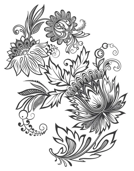 Ilustración Vectorial Ornamento Flores Blanco Negro — Vector de stock