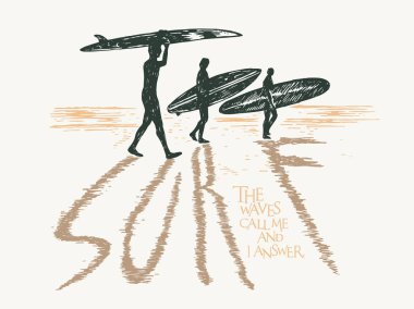 Sahildeki bir grup sörfçünün stilize edilmiş silüeti..