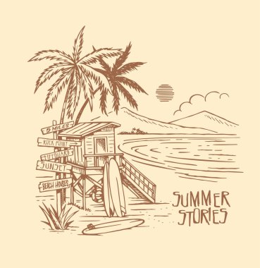 Cankurtaran istasyonlu bir kıyı manzarasının tasviri. Basit, sade ve sade bir stil..