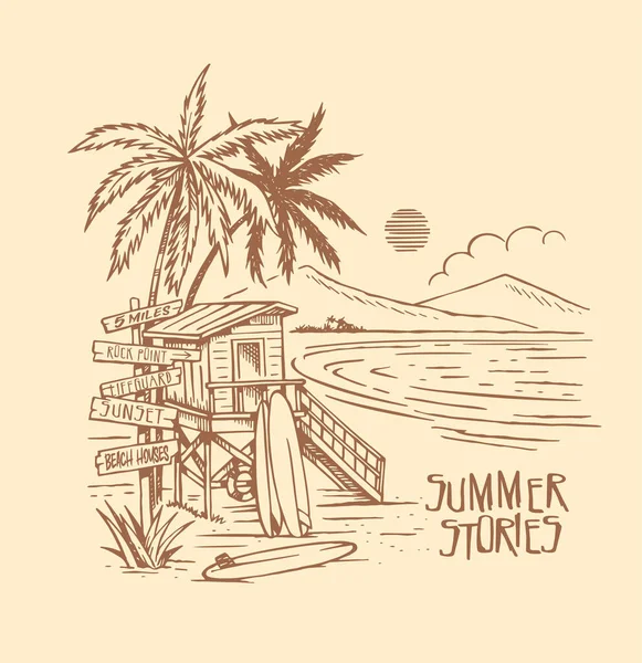 Cankurtaran istasyonlu bir kıyı manzarasının tasviri. Basit, sade ve sade bir stil..