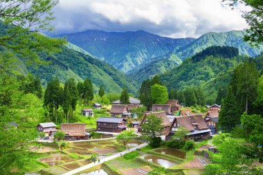 Gokayama Köyü 'ndeki Gthe-zukuri evleri. Gokayama, Gifu ilindeki Shirakawa-go yakınlarındaki geleneksel Gthe-zukuri evleri nedeniyle UNESCO Dünya Mirasları Listesine yazıldı..