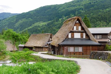 Gokayama Köyü 'ndeki Gthe-zukuri evleri. Gokayama, Gifu ilindeki Shirakawa-go yakınlarındaki geleneksel Gthe-zukuri evleri nedeniyle UNESCO Dünya Mirasları Listesine yazıldı..
