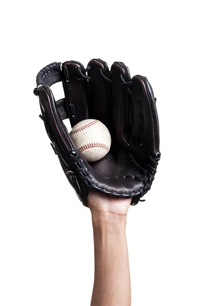 Vangen Honkbal Met Lederen Honkbal Handschoen Witte Achtergrond — Stockfoto