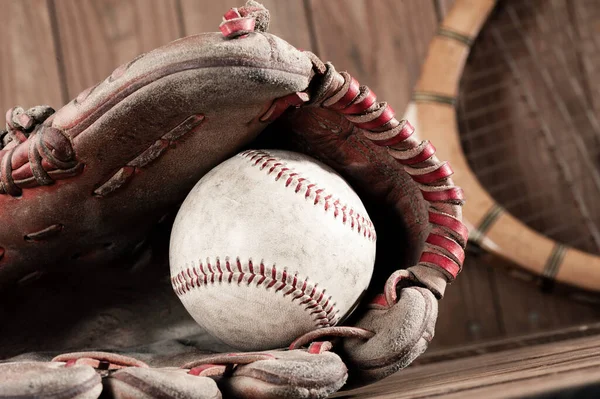 Honkbal Handschoen Honkbal Houten Plank Sport Concept — Stockfoto