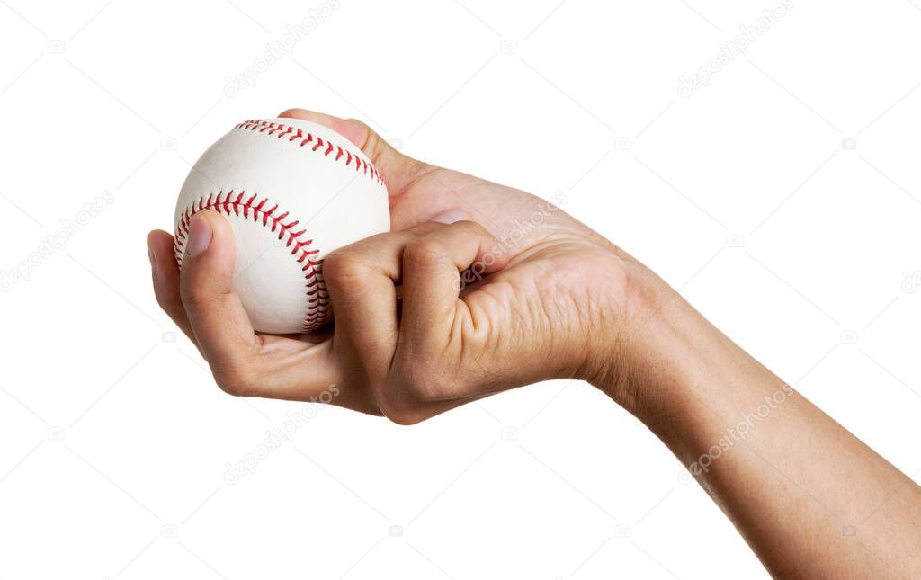 closeup baseball in man's hand, isolated over white background
