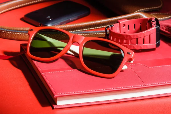 Woman Accessory Closeup Red Plastic Sunglasses Red Background — Stock Photo, Image