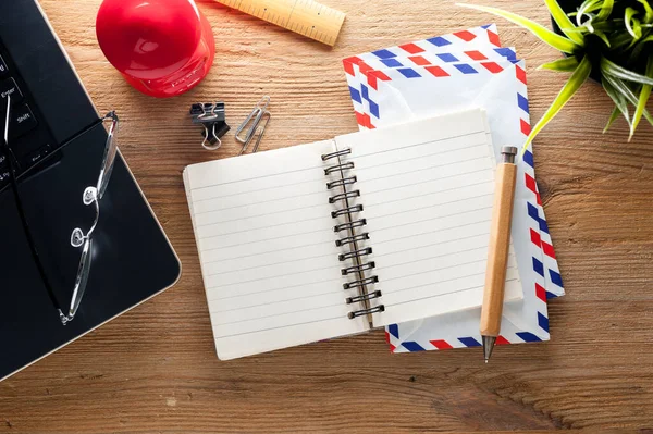 Wooden Desktop Blank Notebook Paper Background — Stock Photo, Image