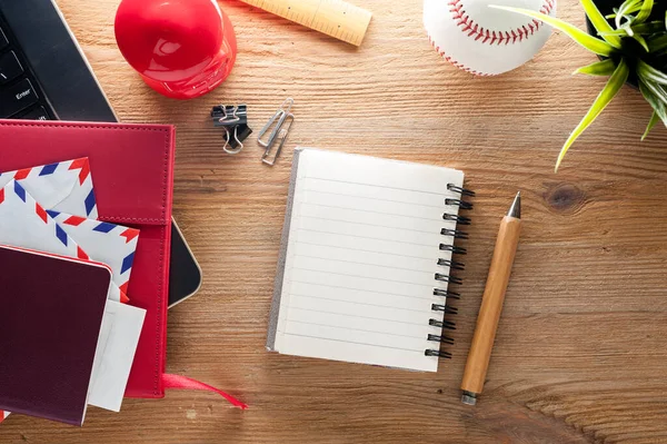 Wooden Desktop Blank Notebook Paper Background — Stock Photo, Image